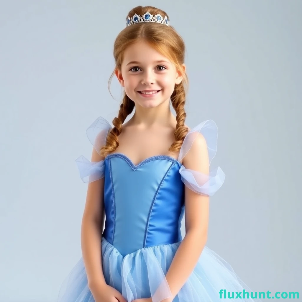 A Cinderella Disney princess dress costume, blue, heart-shaped bodice Low-cut, worn by a 10-year-old English child Smiling at the camera