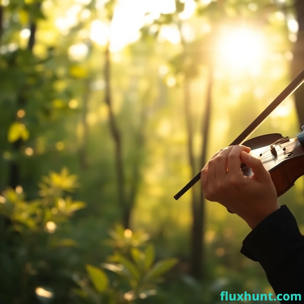 A serene illustration of a lone violinist in a sunlit forest glade, soft rays filtering through leaves. Dominant colors: lush greens, warm golds, subtle browns. Close-up focus on the musician's hands expertly playing the instrument, shallow depth of field for a dreamy effect. Gentle bokeh background; ethereal mood. Soft, diffused natural light enhances the peaceful atmosphere. Capture in a horizon