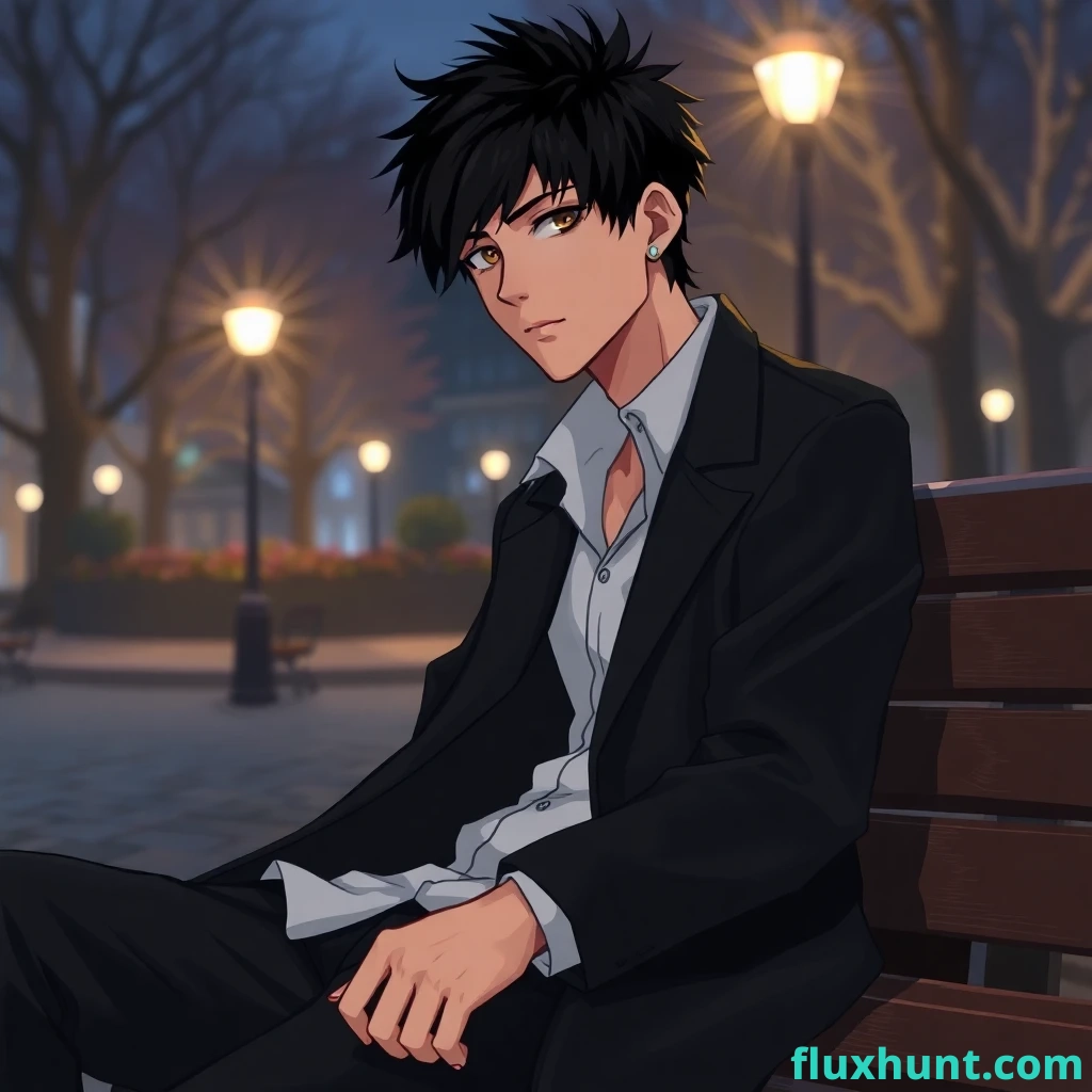 2D style. A guy with black tousled short hair in a white shirt, black long coat and black trousers is sitting on a park bench at night