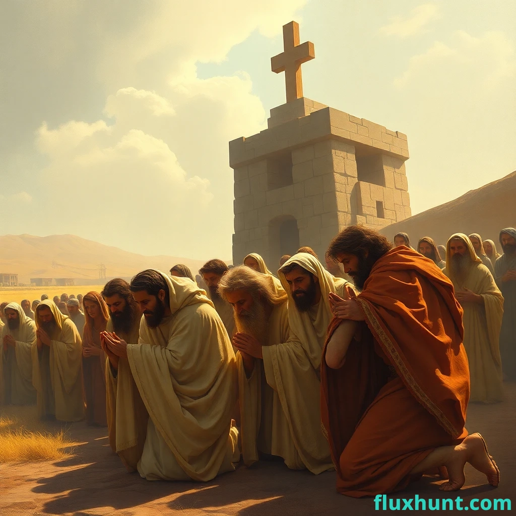 Abel, Enoch, Abraham, Issac, Jacob and all the great people of bible kneel together as a crowd, and pray to God