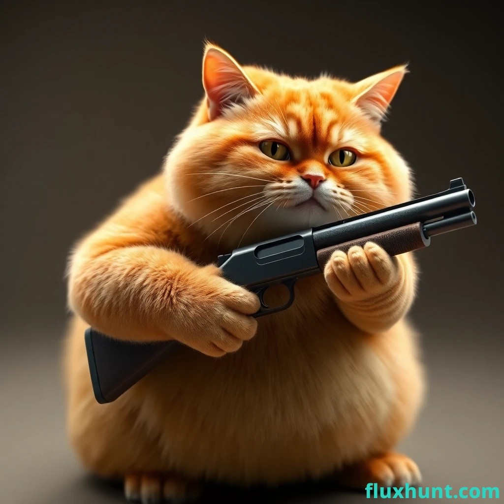 an ultra realistic anthropomorphic fat and chubby light orange cat holding a shotgun