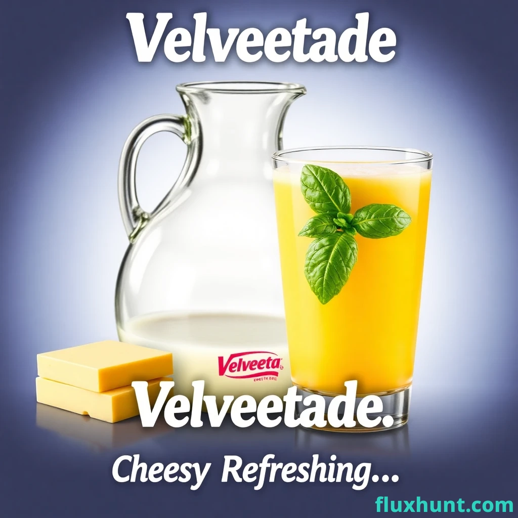 A stylish poster ad for "Velveetade", a refreshing beverage made from Velveeta processed cheese, featuring a glass jug, a drinking glass with a decorative basil leaf, and the caption "Cheesy Refreshing..."