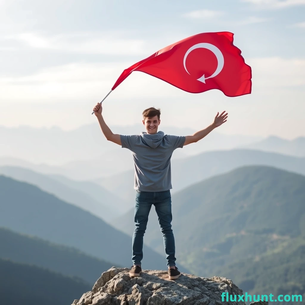 A young man standing on the top of mountain holding flag in his both hands FLUX Hunt Ai