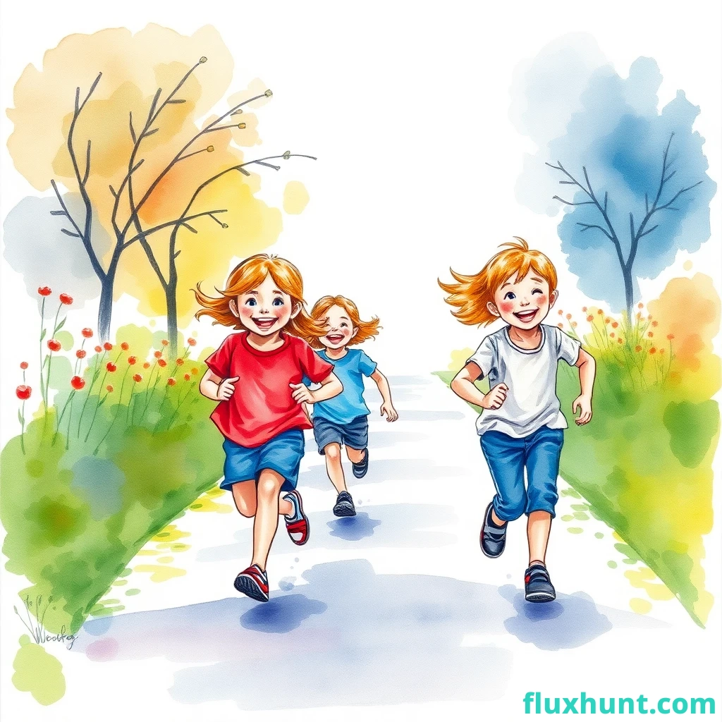 a watercolor painting of happy children running along the path