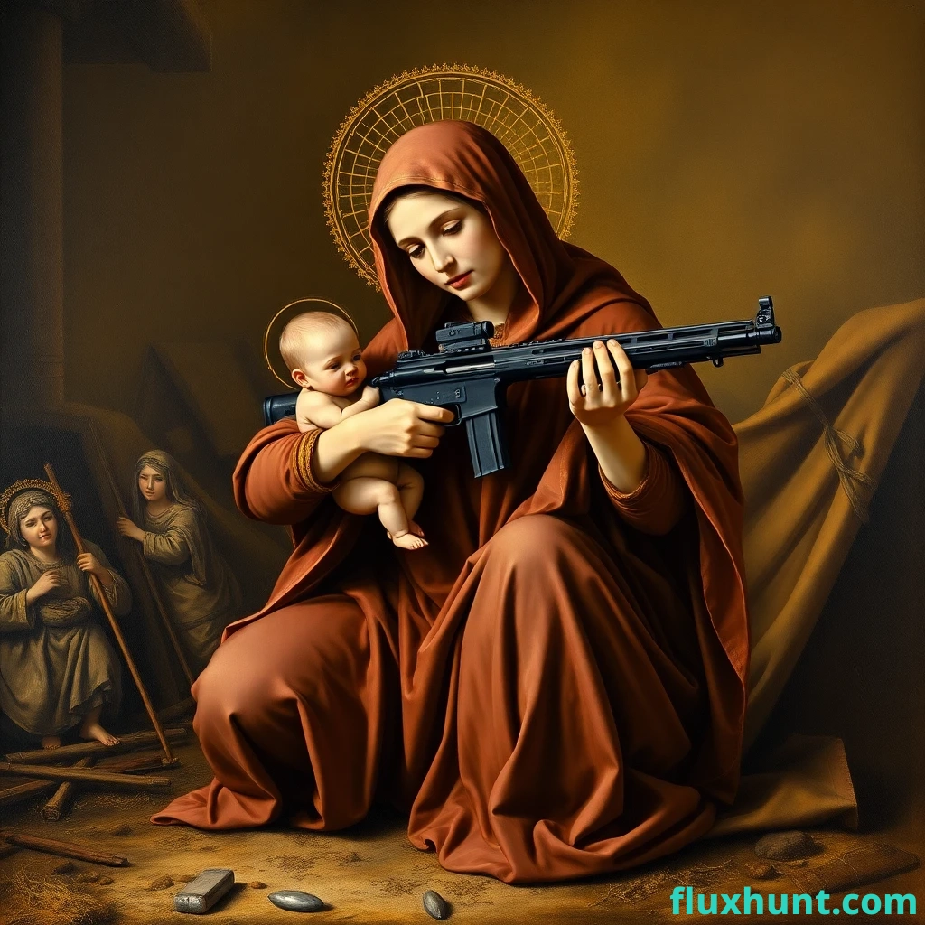 A classical painting of the Virgin Mary in tactical position, crouching and aiming an assault riffle at an unseen enemy while holding her baby child in the other arm. Lara croft-like action scene painted as a religious icon. iconographic halo on the subject's head, halo on the baby's head. dreamy golden latticelike halo. The background is an unclear mixture of the Nativity set and battle trenches.