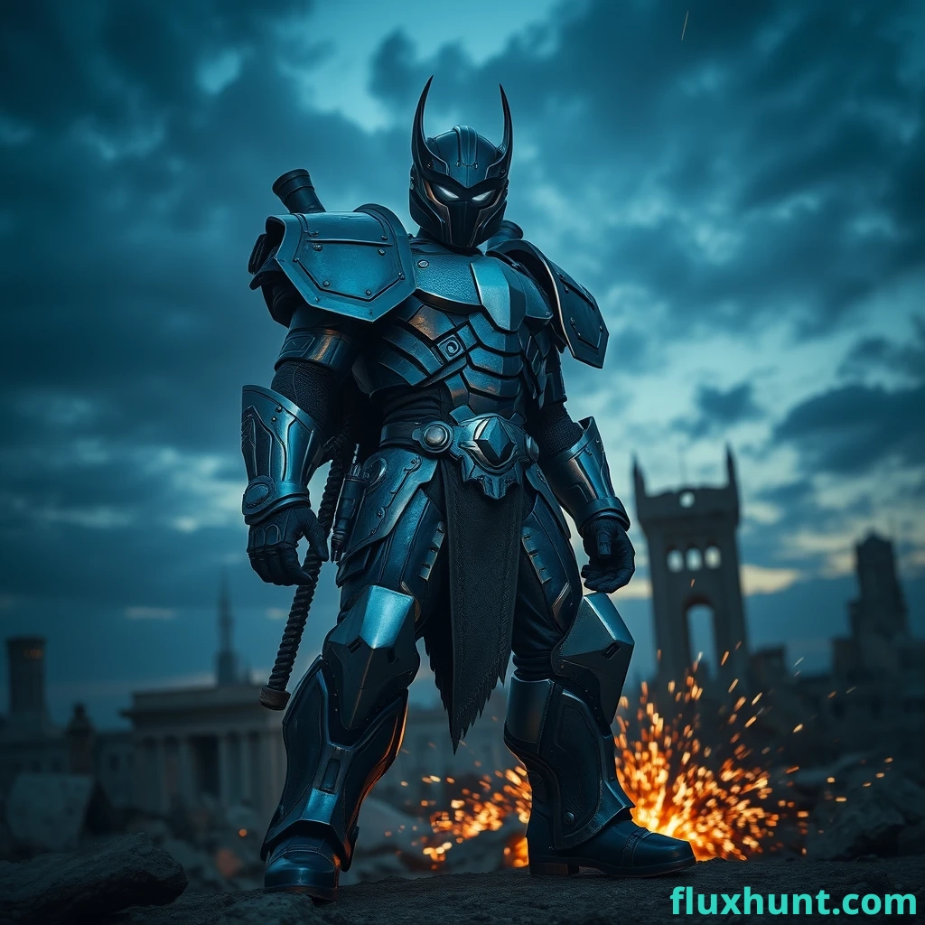 Gypsy Danger, standing tall and heroic, dramatic lighting highlighting the metal plates, deep blue and silver color scheme, in battle-ready stance, city ruins in the background, sparks flying, dusk sky, intense atmosphere