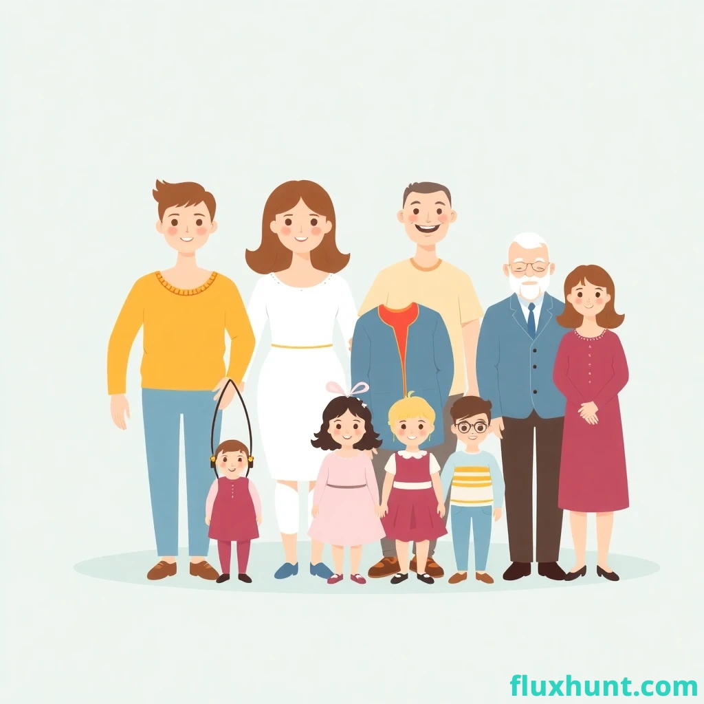 Make a simple vector illustration showing different types of families (homosexual, heterosexual, with grandparents, without children, with children, etc.)