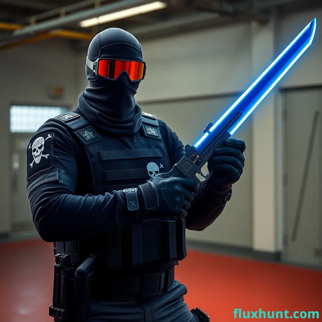 AI image of a tactical marine wearing black balaclava over his head and face, wearing large red rectangular shades over his eyes, fully black tactical armor, black long sleeves, grey pants, black boots, skull logo on a shoulder patch, black military gloves with pentagon patterns, in a training facility, holding a large katana made of blue glowing laser energy on left hand and a futuristic pistol o