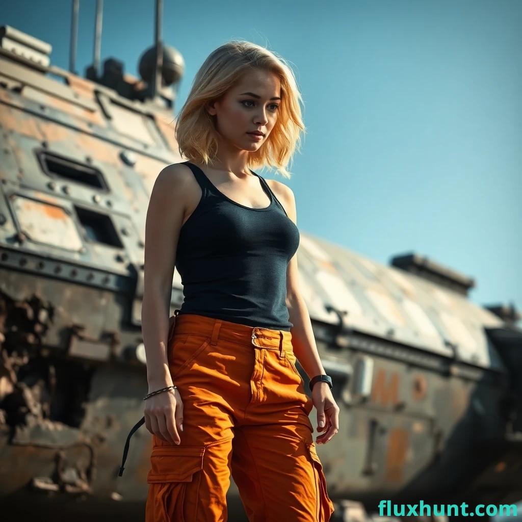 gorgeous blonde asian woman with shoulder-length hair wearing a black tanktop and orange cargo pants inspects a battle-damaged cargo spacecraft exterior, photorealistic, Imax-quality