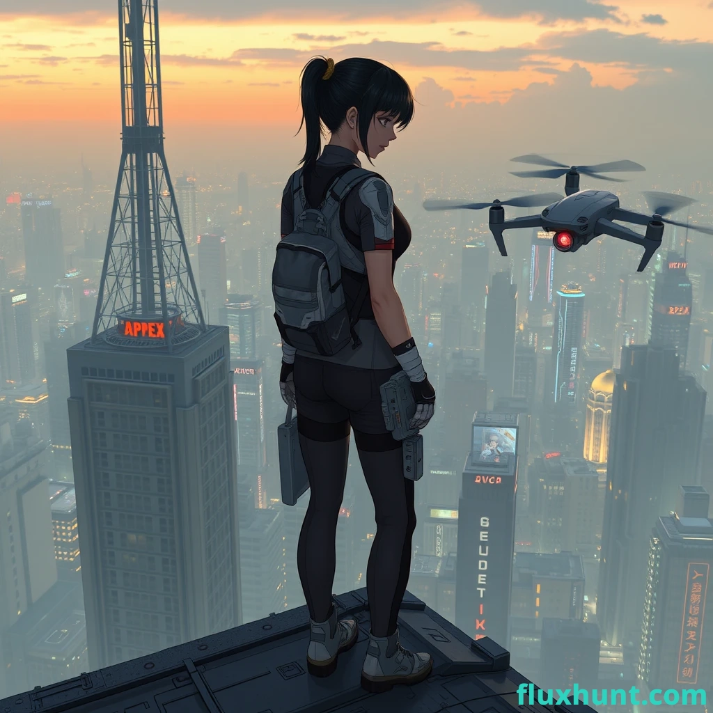 In 2150, Aria stands on the rooftop of the Apex Tower in Neo-Tokyo, surveying the city. A drone hovers nearby, scanning for threats.  FLUX Hunt Ai