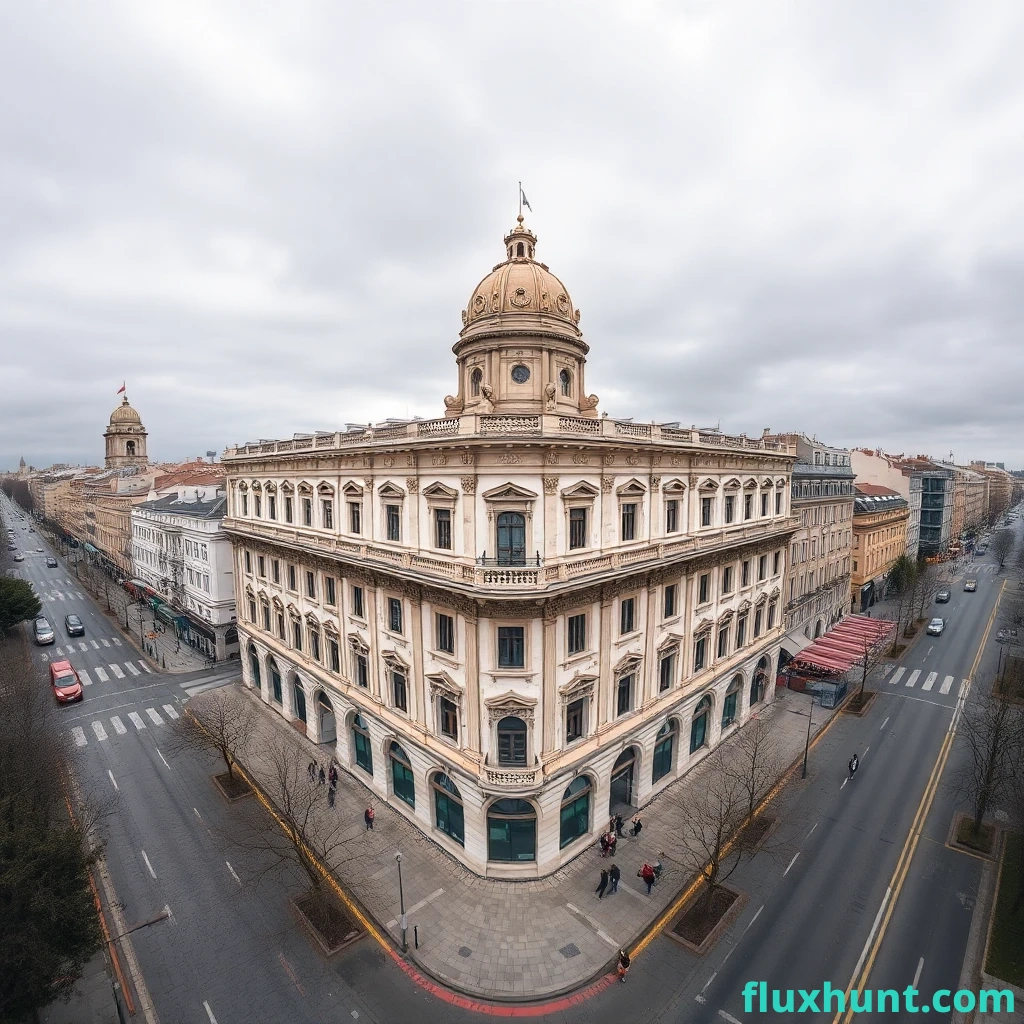 an aerial view of an old building in the middle of a city with lots of, a colorized photo, trending on pexels, old building, wide - angle view, wide-angle view, neoclassical architecture, shot on a 9.8mm wide angle lens, a wide-angle