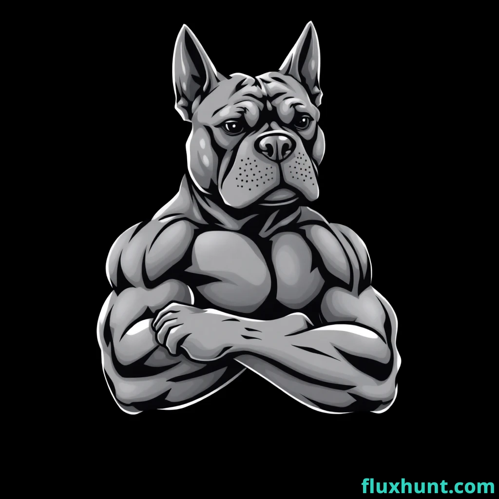 Create a very detailed illustration showing [muscular dog] in [one-handed holding style showing its muscles]. Use bold shadows, intricate textures, and a bold color palette [grey]. Background [black]. Ensure high contrast and clean lines for a dynamic, eye-catching design that's suitable for printing