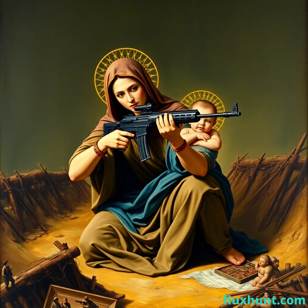 A classical painting of the Virgin Mary in tactical position, crouching and aiming an assault riffle at an unseen enemy while holding her baby child in the other arm. Lara croft-like action scene painted as a religious icon. iconographic halo on the subject's head, halo on the baby's head. dreamy golden latticelike halo. The background is an unclear mixture of the Nativity set and battle trenches.