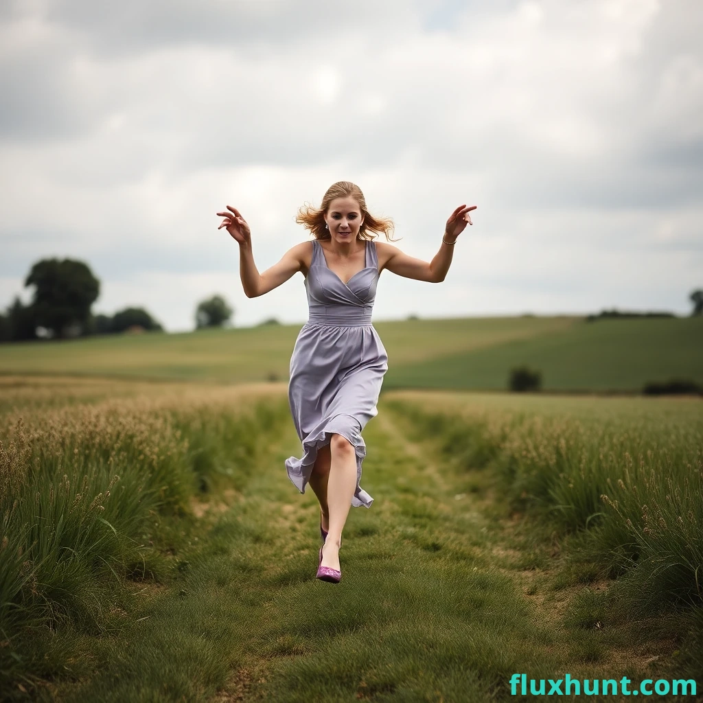 A female wedding guest is running terrified and anxious in the countryside wearing a pretty coloured dress and pump shoes. Her posh hat is dropping off her head in the air by the wind in the space behind her close to the ground.