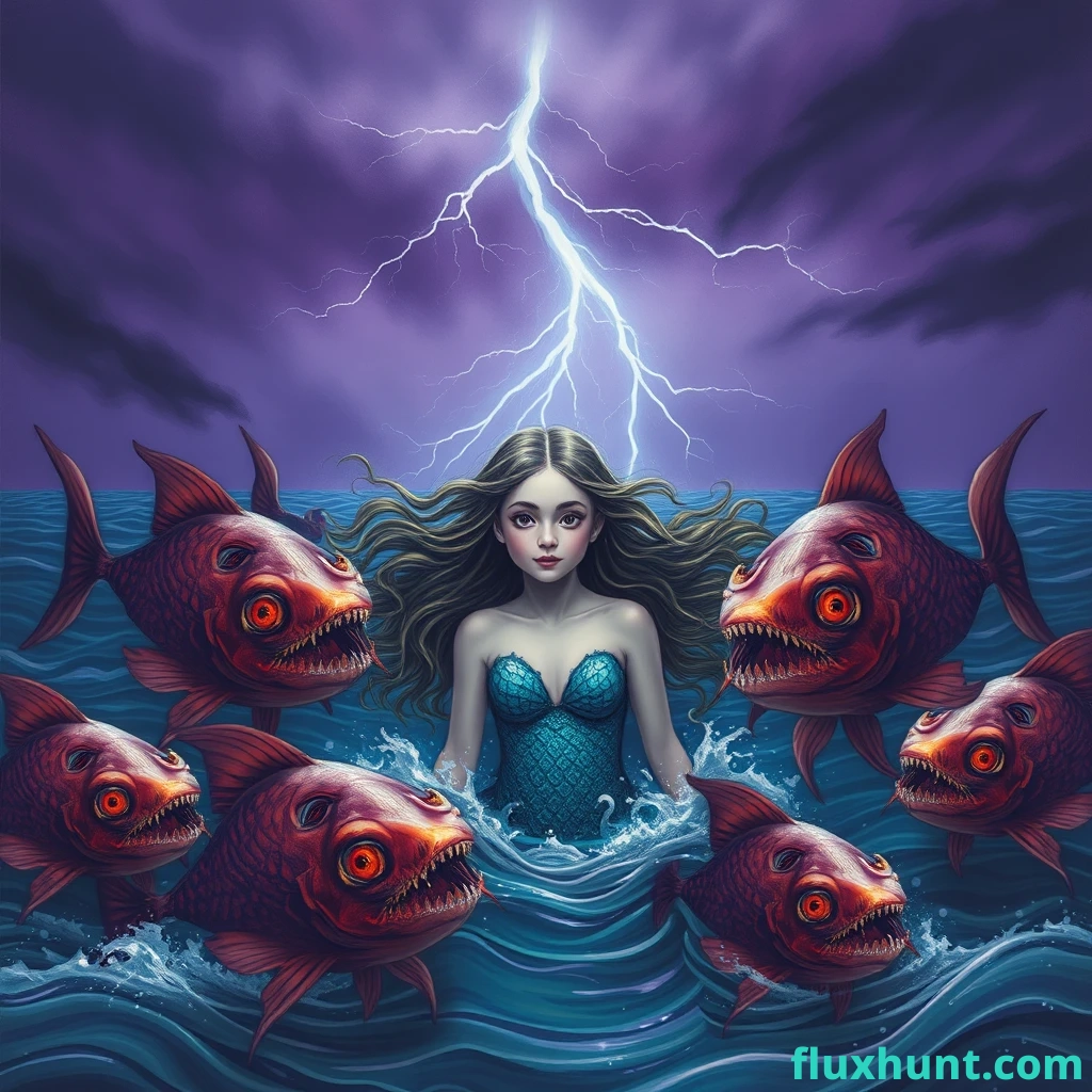 a beautiful girl as a mermaid coming out of a ocean surrounded by a beautiful looking evil fishes. The sky is thundering and purple in color.