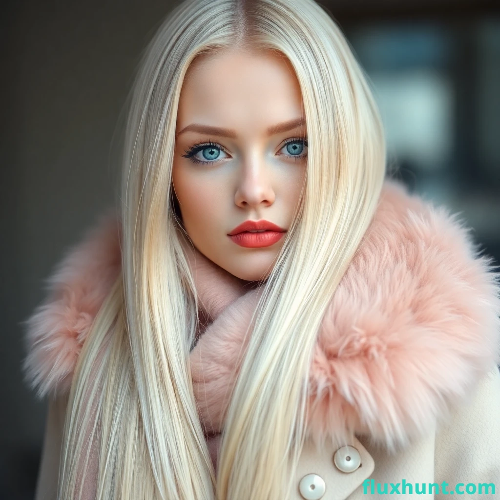 marvelous gorgeous scandinavianyoung model, very very pale skin, very very light blond hair, creamyg white, very very long hair straight, wearinga beautiful fur peachy pink scarf, a beautiful cream elegant coat, detailed sophisticated makeuo, vivid lipstick glossy, a lot of mascara