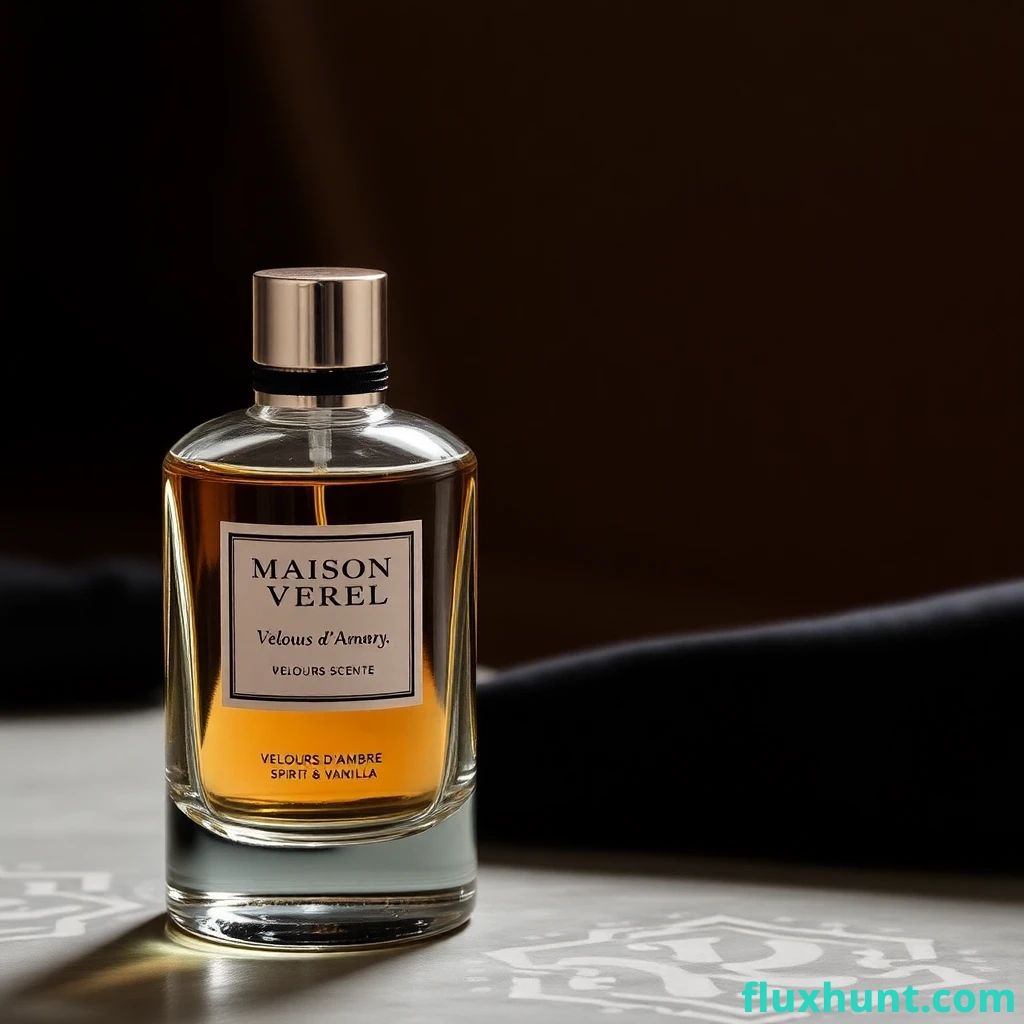 give me a purfume bottle with a Brand Name: Maison Verel
(“Verel” is a blend of "vérité" (truth) and "elégance") and a tagline of "Scent of Memory. Spirit of Now." with a Signature Scent of Velours d’Ambre
Amber | Suede | Black Tea | Vanilla
Feels like a velvet coat from the 1940s—warm, mysterious, seductive.
