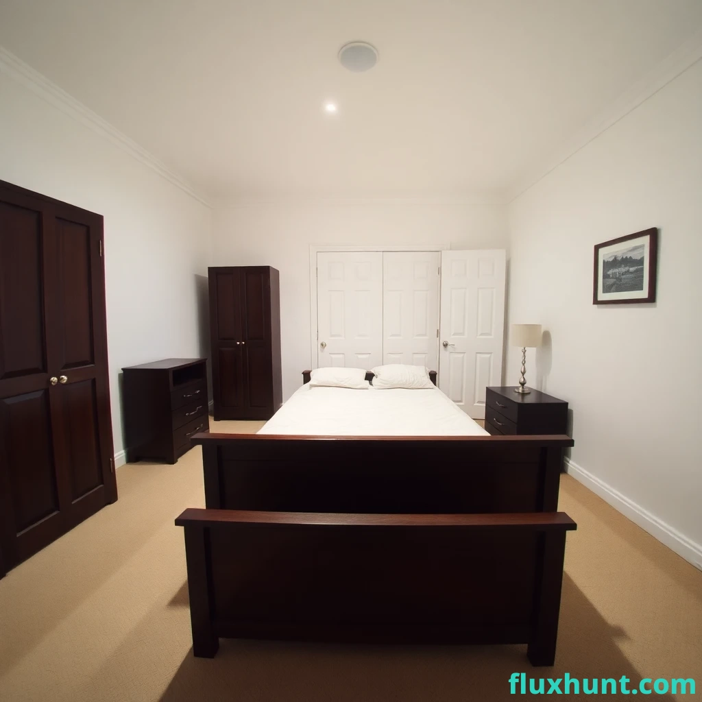 A family home's small, cramped master bedroom in the suburbs in the 80s. POV from the bed. The walls are painted white. The king size dark wooden bed is in the centre of the room with the rectangular dark wooden footboard pointing away. On the left side of the bed a single dark wooden wardrobe is immediately to the left, partly out of shot and the white door to the en-suite is further away on the 