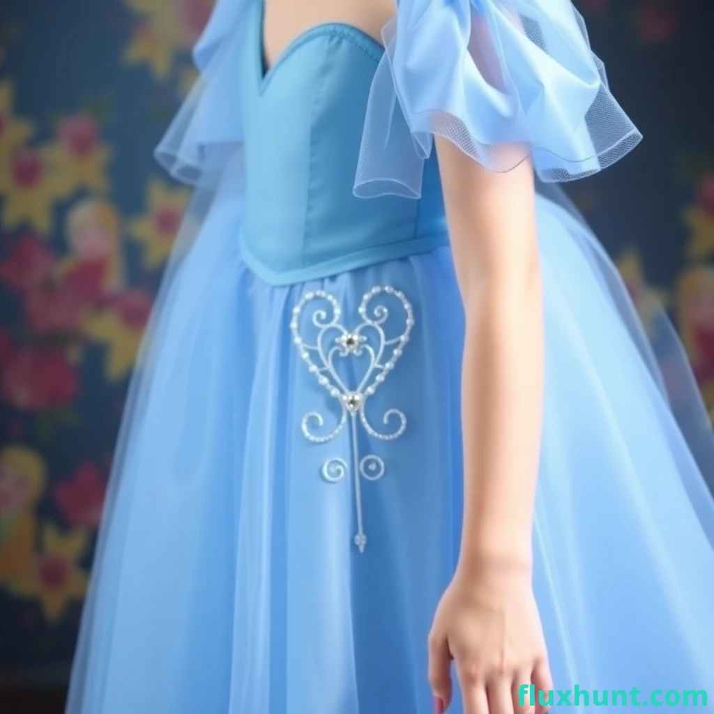 A Cinderella Disney princess dress costume, blue, heart-shaped bodice Low-cut, worn by a 10-year-old English child