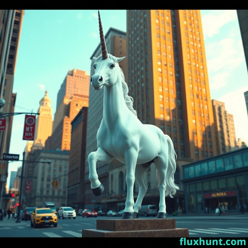 hazme una imagen  imágenes realistas de un unicornio en medio de Nueva York en un mundo postapocalíptico, con un plano donde al fondo de la calle aparezca la estatua de la libertad. 