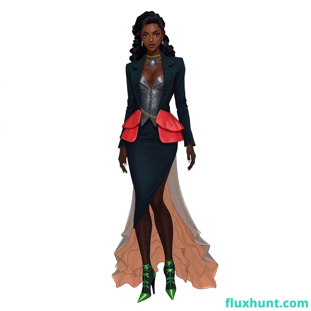 "Mami Fuse" – Gender-Fluid Marine Deity
Dark-skinned gender fluid female model in a tailored blazer-dress with coral peplum, metallic corset, and sheer ripple train. Sapphire-scale lapels, tidal-wave belt, fish-fin fingers. Slicked wave hair, Adinkra baby hairs, crystal tears, obsidian lips. Eel-skin stiletto boots with Yoruba-vessel heels. Digital fashion sketch.
