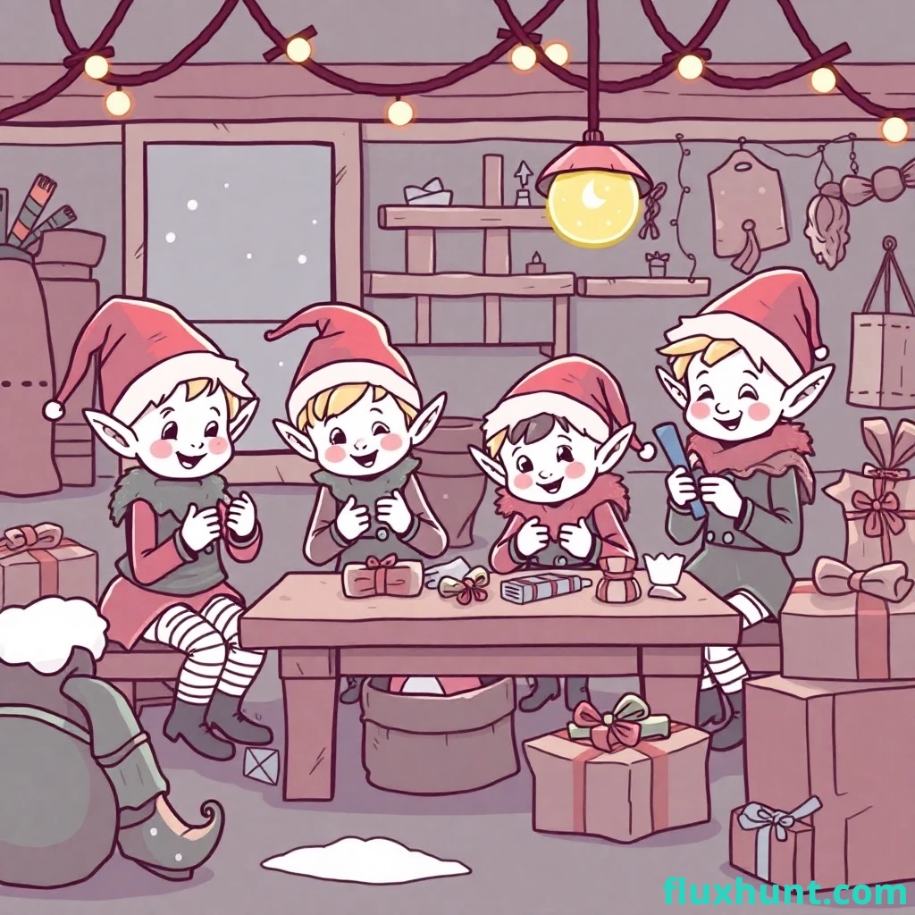 Santa's Little Helpers: Draw a group of adorable elves in their workshop, busy making toys and wrapping gifts.