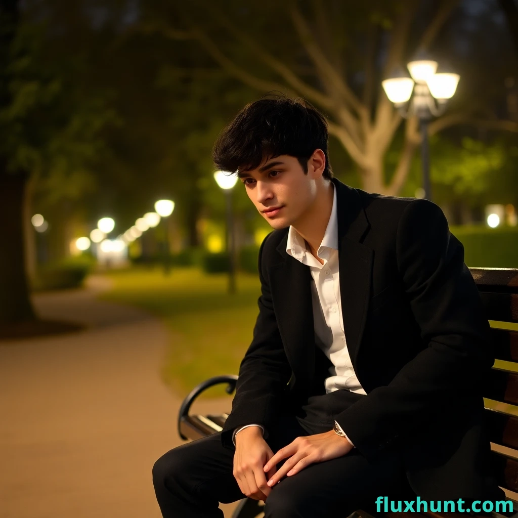 A guy with black tousled short hair in a white shirt, black long coat and black trousers is sitting on a park bench at night