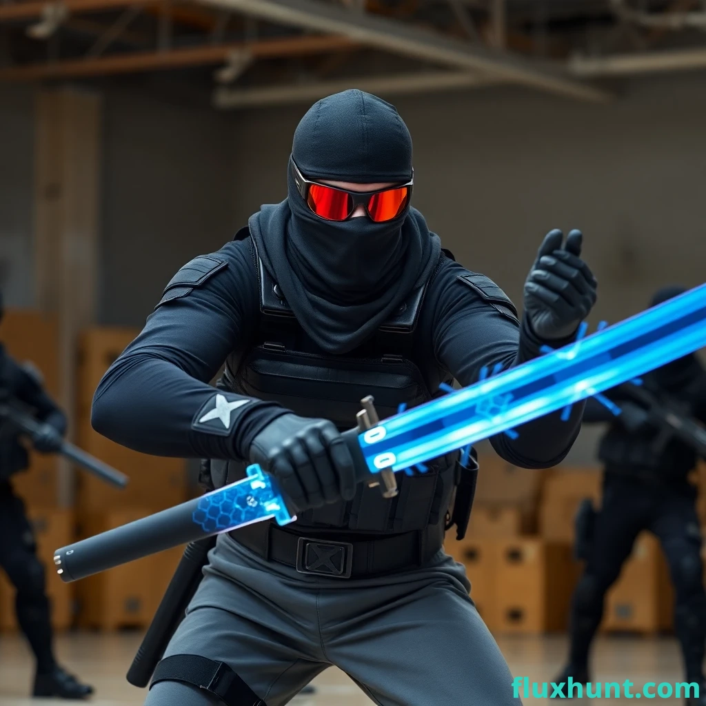 AI image of a tactical marine wearing black balaclava over his head and face, wearing large red rectangular shades over his eyes, fully black tactical armor, black long sleeves, grey pants, black boots, black military gloves with pentagon patterns, in a training facility, holding a large katana made of blue glowing plasma energy, fighting enemy soldiers. 