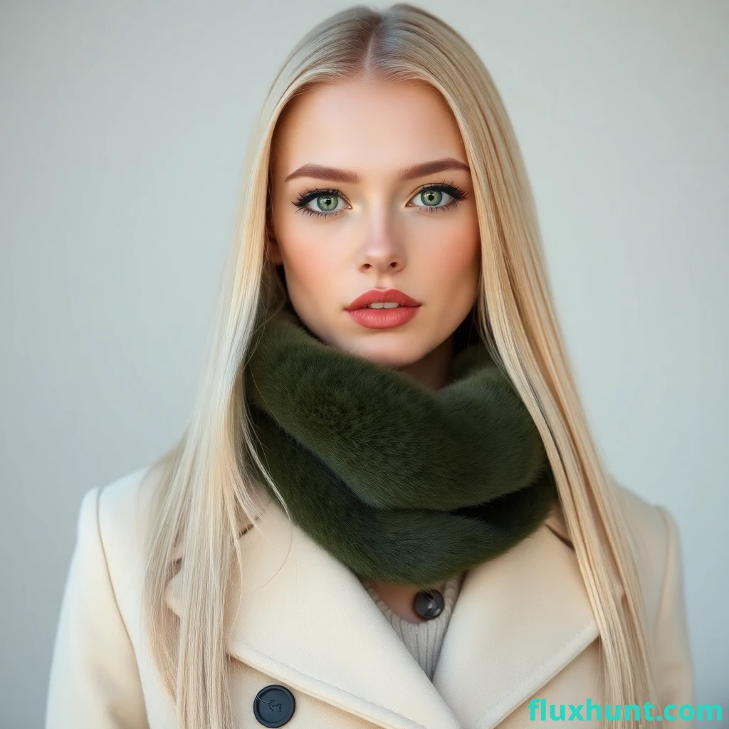 marvelous gorgeous scandinavianyoung model, very very pale skin, very very light blond hair, creamyg white, very very long hair straight, wearinga beautiful fur military green scarf, a beautiful cream elegant coat, detailed sophisticated makeuo, vivid lipstick glossy, a lot of mascara