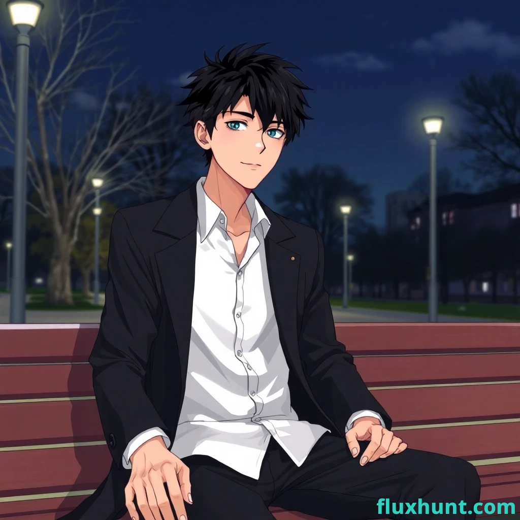 2D style. A guy with black tousled short hair in a white shirt, black long coat and black trousers is sitting on a park bench at night