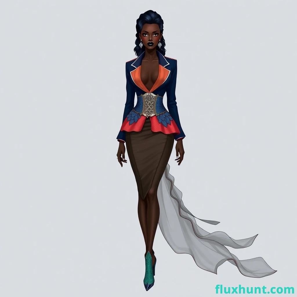 "Mami Fuse" – Gender-Fluid Marine Deity
Dark-skinned model in a tailored blazer-dress with coral peplum, metallic corset, and sheer ripple train. Sapphire-scale lapels, tidal-wave belt, fish-fin fingers. Slicked wave hair, Adinkra baby hairs, crystal tears, obsidian lips. Eel-skin stiletto boots with Yoruba-vessel heels. Digital fashion sketch.