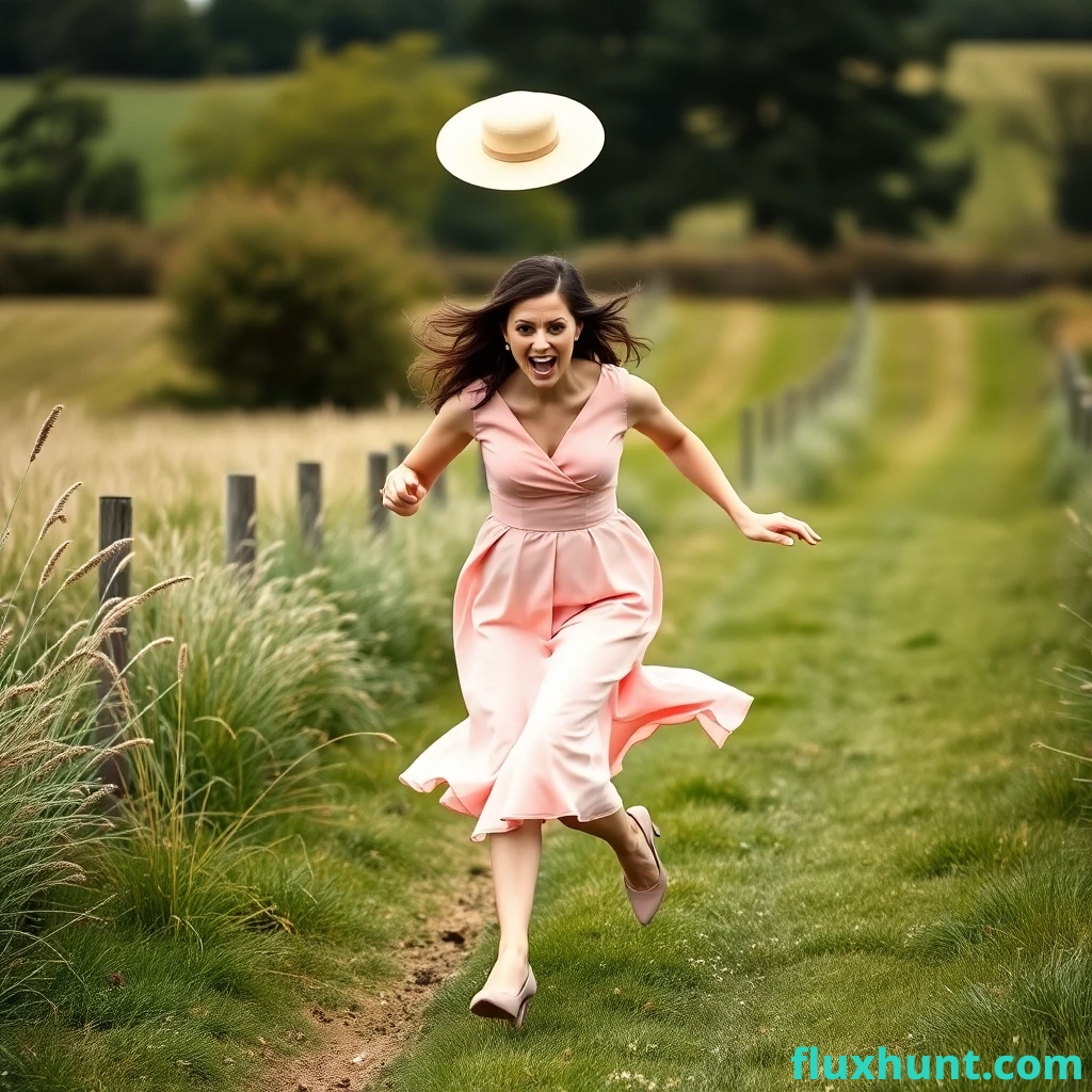 A female wedding guest is running terrified and anxious in the countryside wearing a pretty coloured dress and pump shoes. Her posh hat is dropping off her head in the air by the wind in the space behind her close to the ground.