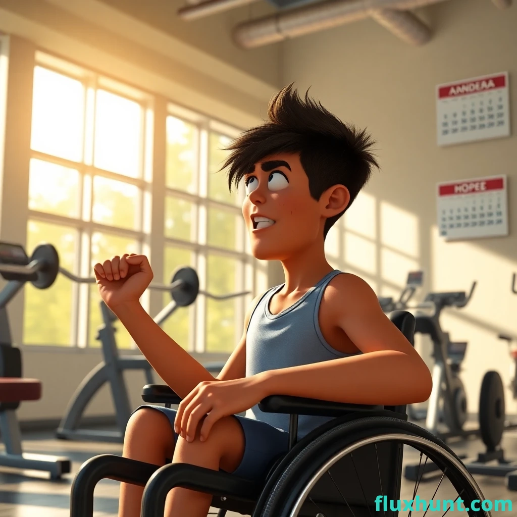 A PIXAR FILM SCENE: Scene: A bright, modern gym filled with sunlight streaming through large windows. Andrea is seated in his wheelchair, lifting weights with intense focus. Sweat drips from his face as he pushes his limits. The gym is equipped with specialized machines for athletes with disabilities, and the atmosphere is one of determination and hope. A calendar on the wall is marked with the da