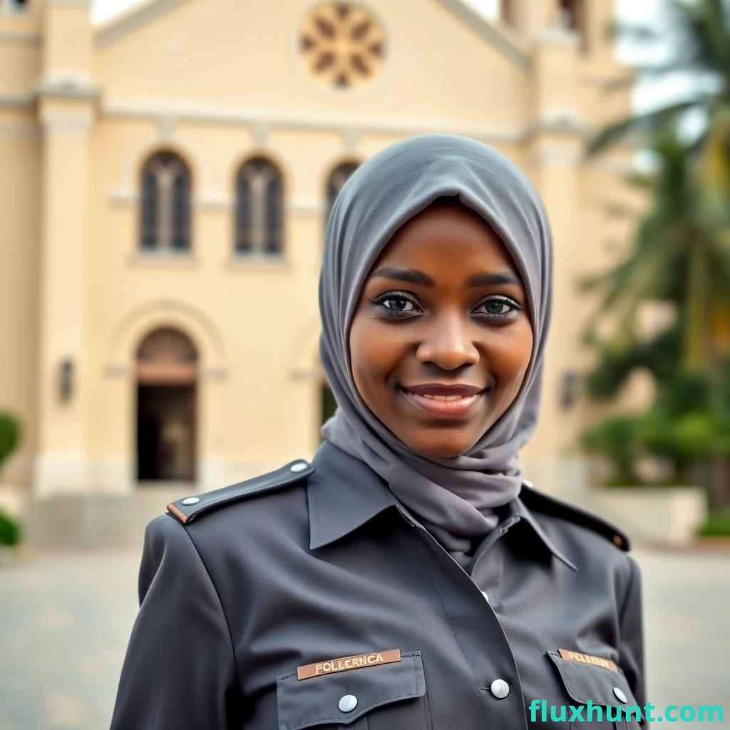 12. Somalia: A policewoman standing in front of the Mogadishu Cathedral, wearing a traditional hijab and a fitted uniform. She's looking directly at the camera with an alluring smile.