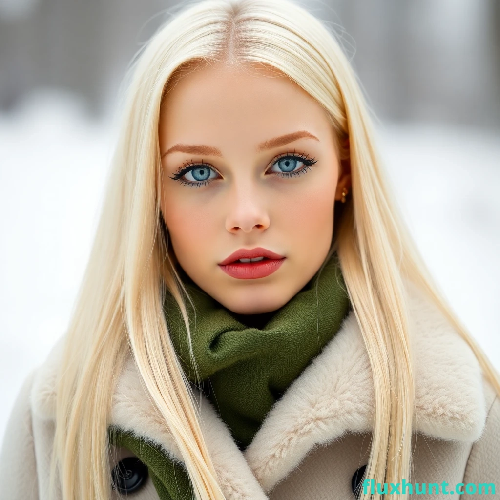 marvelous gorgeous scandinavianyoung model, very very pale skin, very very light blond hair, creamyg white, very very long hair straight, wearinga beautiful fur military green scarf, a beautiful cream elegant coat, detailed sophisticated makeuo, vivid lipstick glossy, a lot of mascara