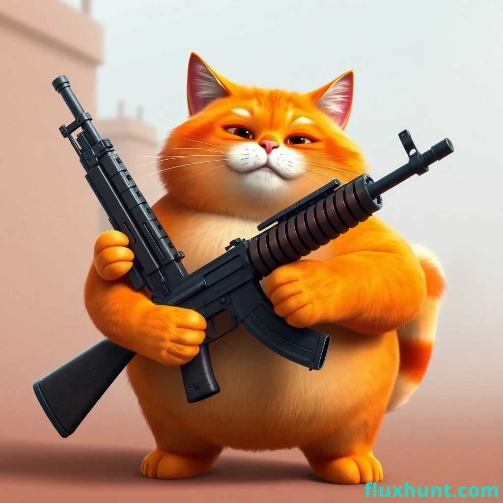 a fat orange cat holding an AK-47, pixar style 3d, realistic cartoon