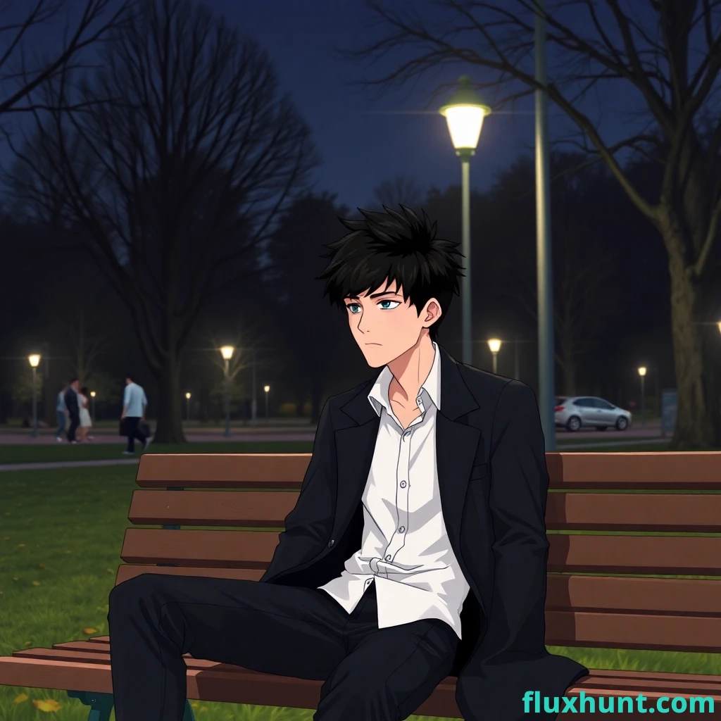 2D style. A guy with black tousled short hair in a white shirt, black long coat and black trousers is sitting on a park bench at night