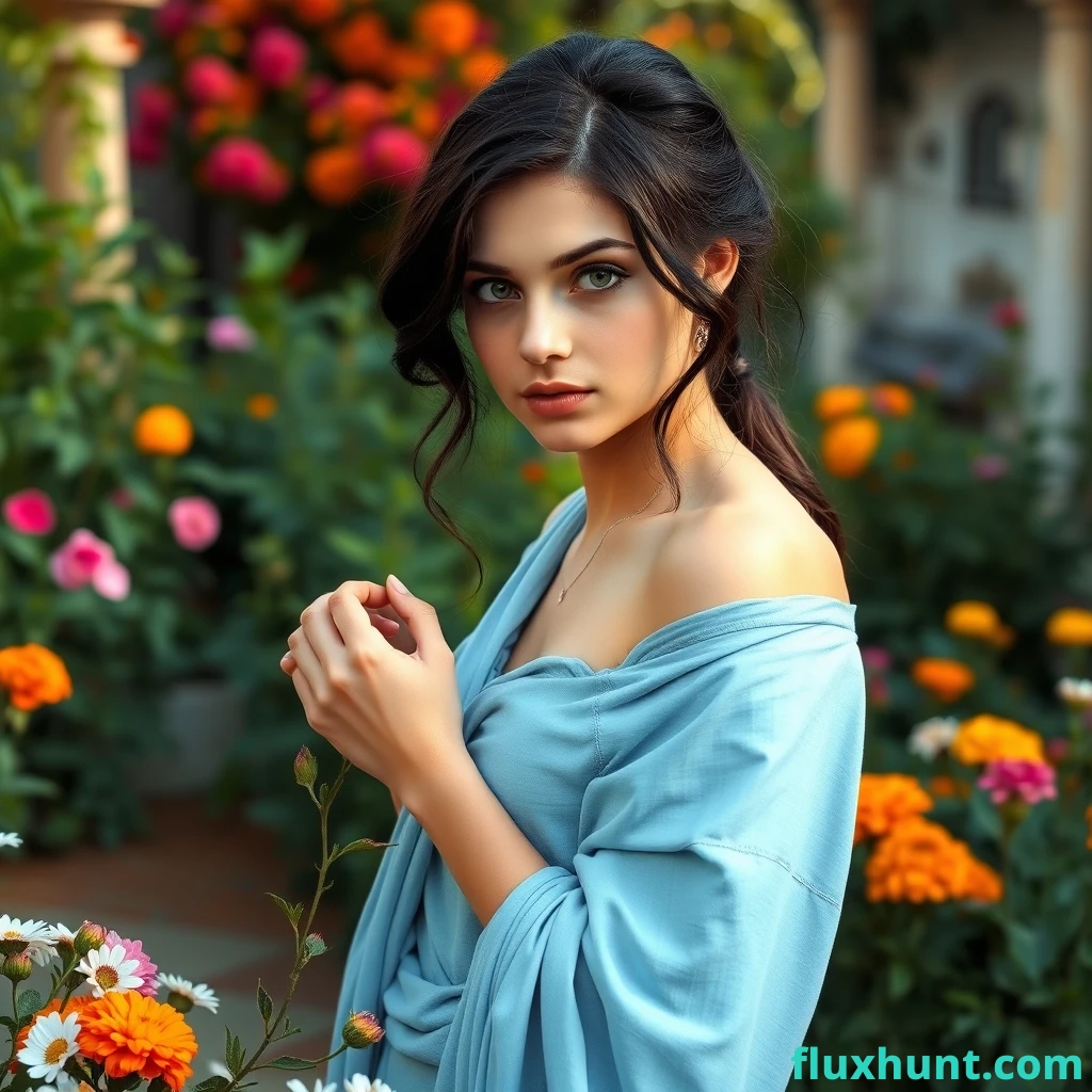 In a lush Roman garden, a young woman with black-brown hair and striking green eyes stands gracefully. She is dressed in a light blue cloth, draped elegantly, as she picks flowers, her expression serene and contemplative.