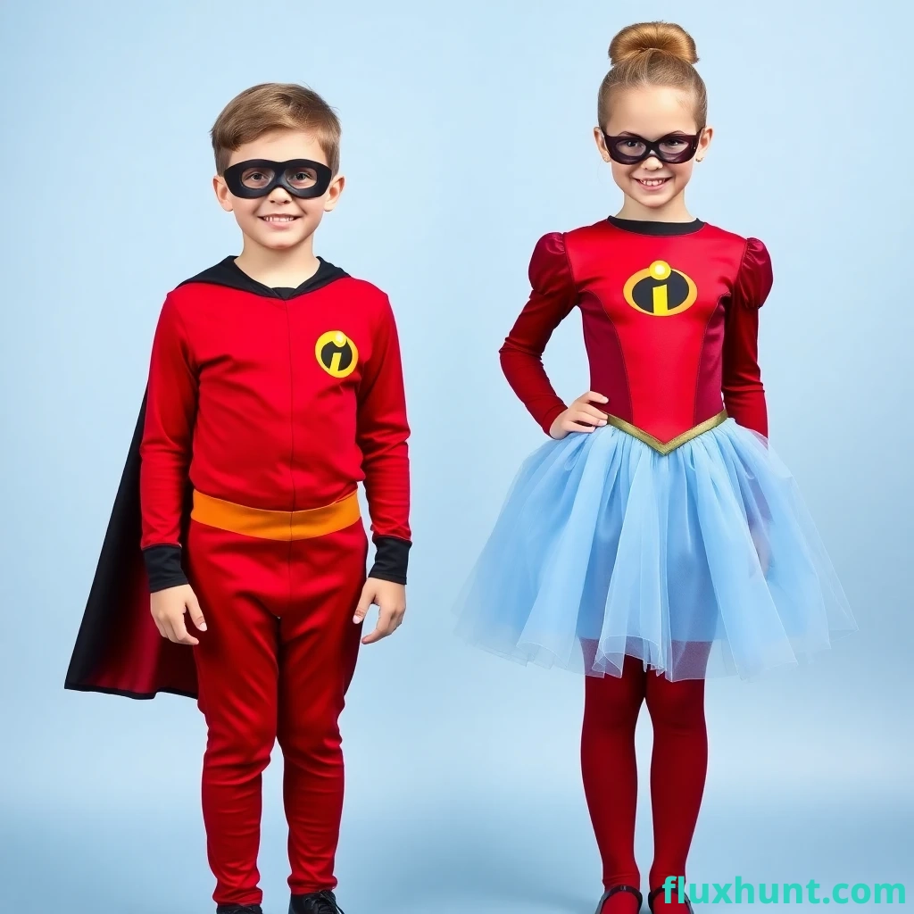 A Cinderella Disney princess dress costume, blue, heart-shaped bodice Low-cut, and a red incredibles superhero onesie, worn by a 10-year-old English boy and 9-year-old English girl