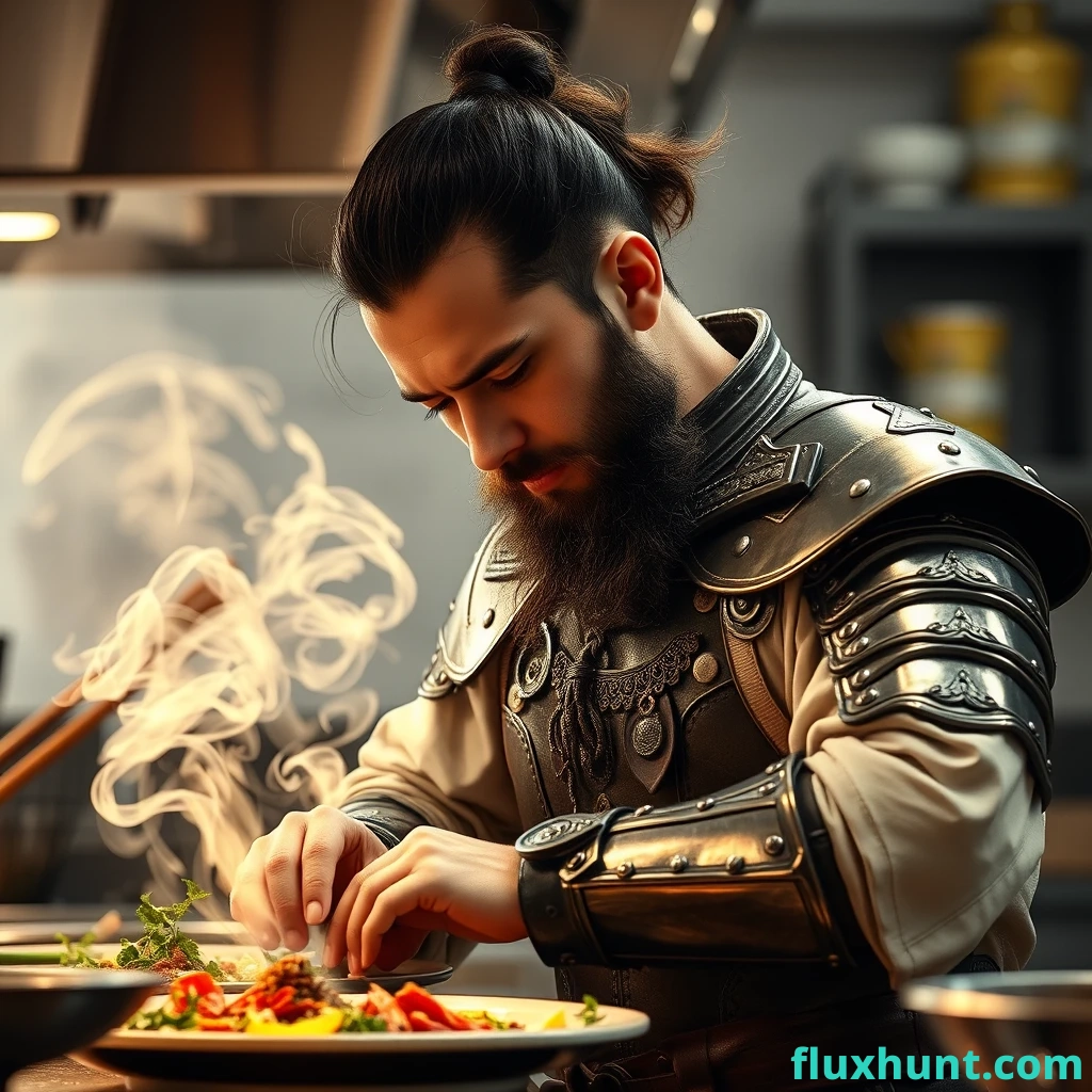 aiyouxiketang,a man in armor with a beard  in a professional kitchen, his face concentrated and passionate, crafting an exquisite dish, with the aroma of herbs and spices filling the air FLUX Hunt Ai