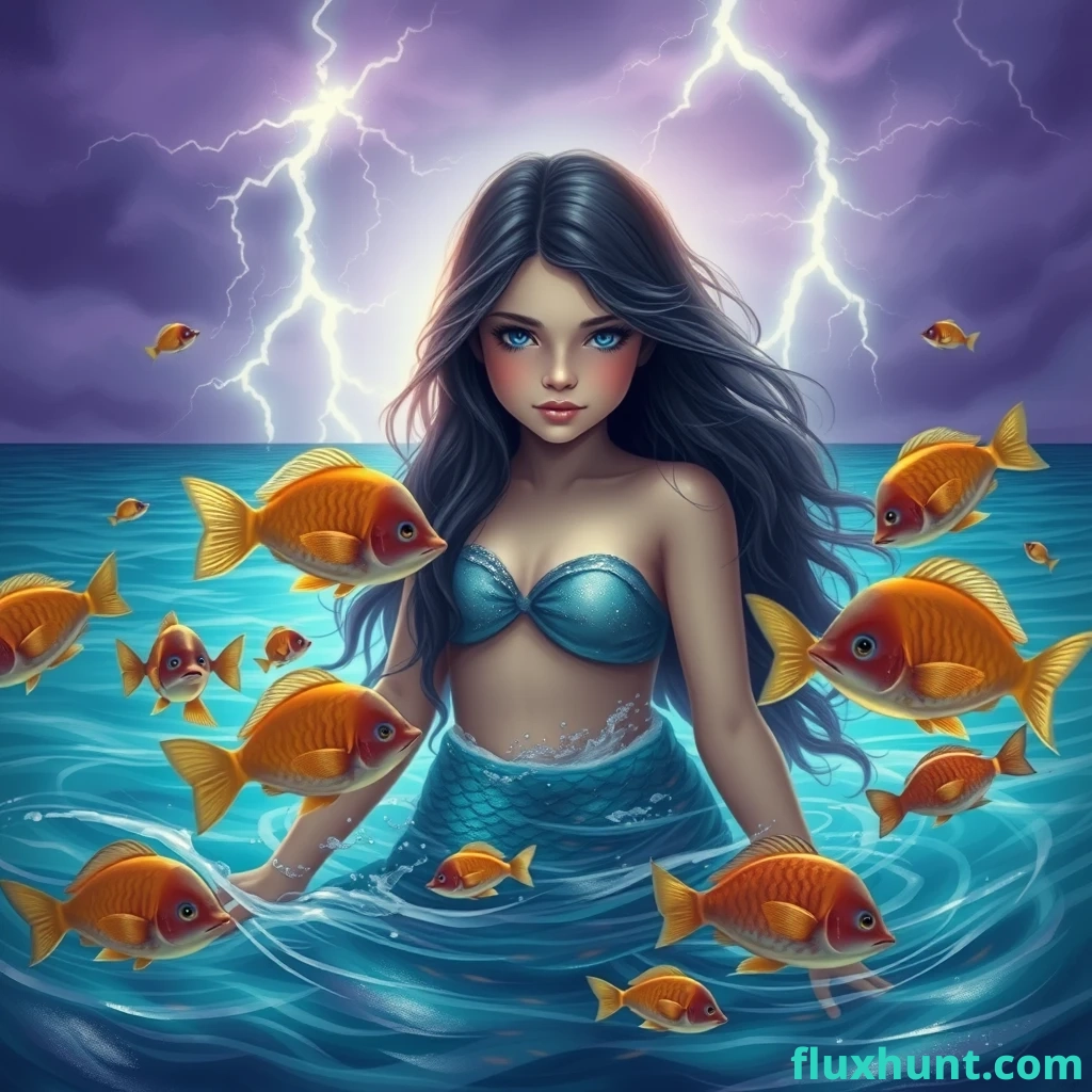 a beautiful girl as a mermaid coming out of a ocean surrounded by a beautiful looking fishes. The sky is thundering and purple in color.