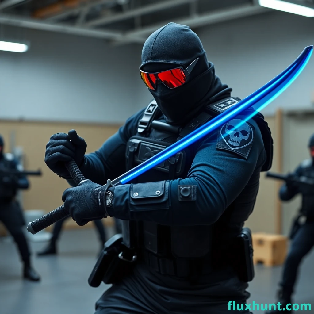 AI image of a tactical marine wearing black balaclava over his head and face, wearing large red rectangular shades over his eyes, fully black tactical armor, black long sleeves, grey pants, black boots, skull logo on a shoulder patch, black military gloves with pentagon patterns, in a training facility, holding a large katana made of blue glowing laser energy, fighting enemy soldiers. 