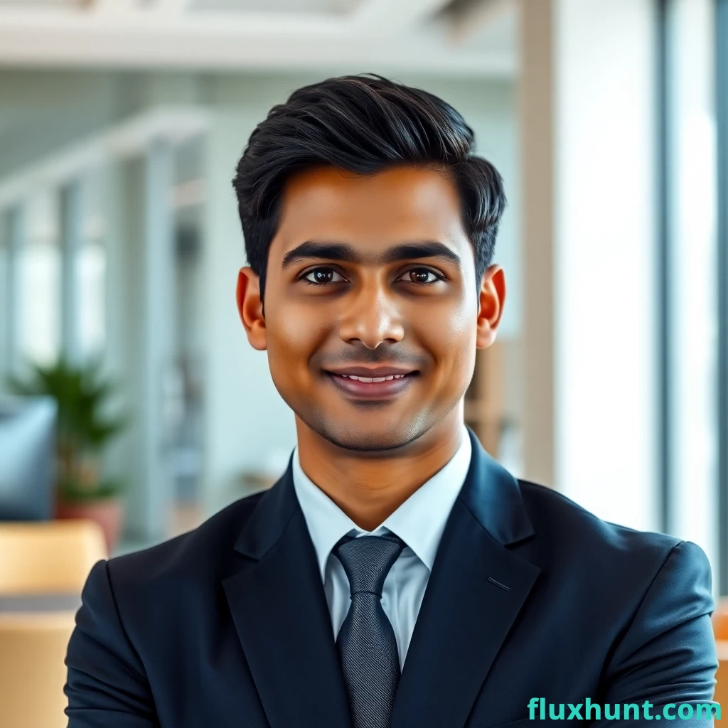 "A high-resolution, photorealistic portrait of a young Indian professional in their late 35s. The individual has short, neatly styled black hair, warm brown eyes, and a confident yet approachable expression. They are dressed in a tailored navy-blue suit with a crisp white shirt and a subtle, modern tie. The background features a softly blurred office environment with contemporary decor and natural