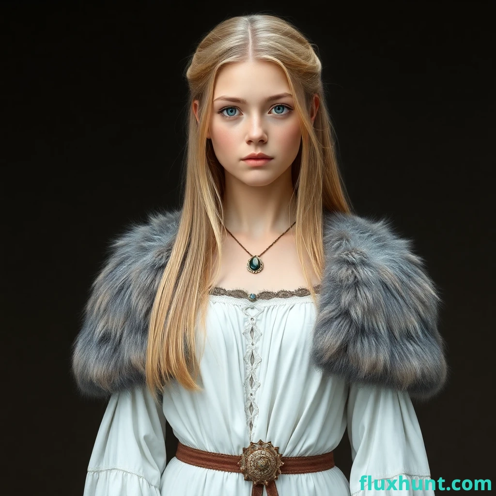 A hyper-detailed, high definition realistic portrait of a young 18 year old Nordic princess woman from the 1500's. She has straight blonde hair that cascades down to her waist, blue eyes, aristocratic features, creamy soft skin and wears a long, elegant white dress that falls to the floor. The dress is adorned with a distinctive wolf fur shawl and a decorative belt at the waist. Place her against 