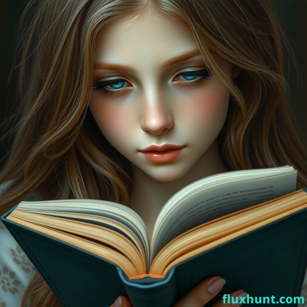 a girl reading a book, hair flowing down, 8 k, hyperrealistic, hyperdetailed, fantasy portrait by laura sava