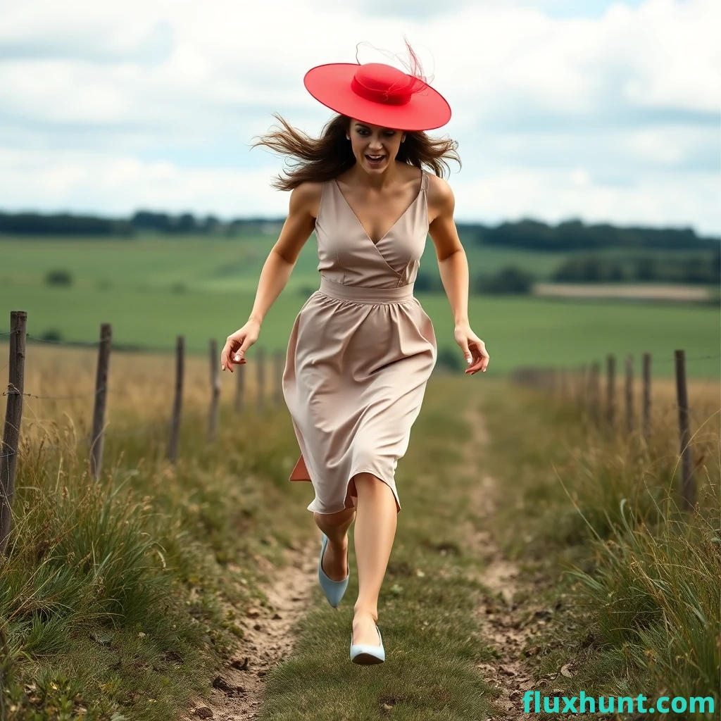 A female wedding guest is running terrified and anxious in the countryside wearing a pretty coloured dress and pump shoes. Her posh hat is dropping off her head in the air by the wind in the space behind her close to the ground.