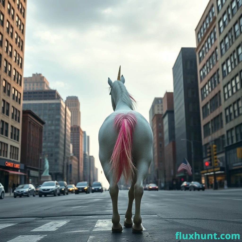 a unicorn in the middle of New York in a post-apocalyptic world, with a shot of the Statue of Liberty at the bottom of the street. Make a prompt adding more details as you see fit. The goal is to make the image as hyper-realistic and dramatic as possible. The shot could be from the back of the unicorn. 