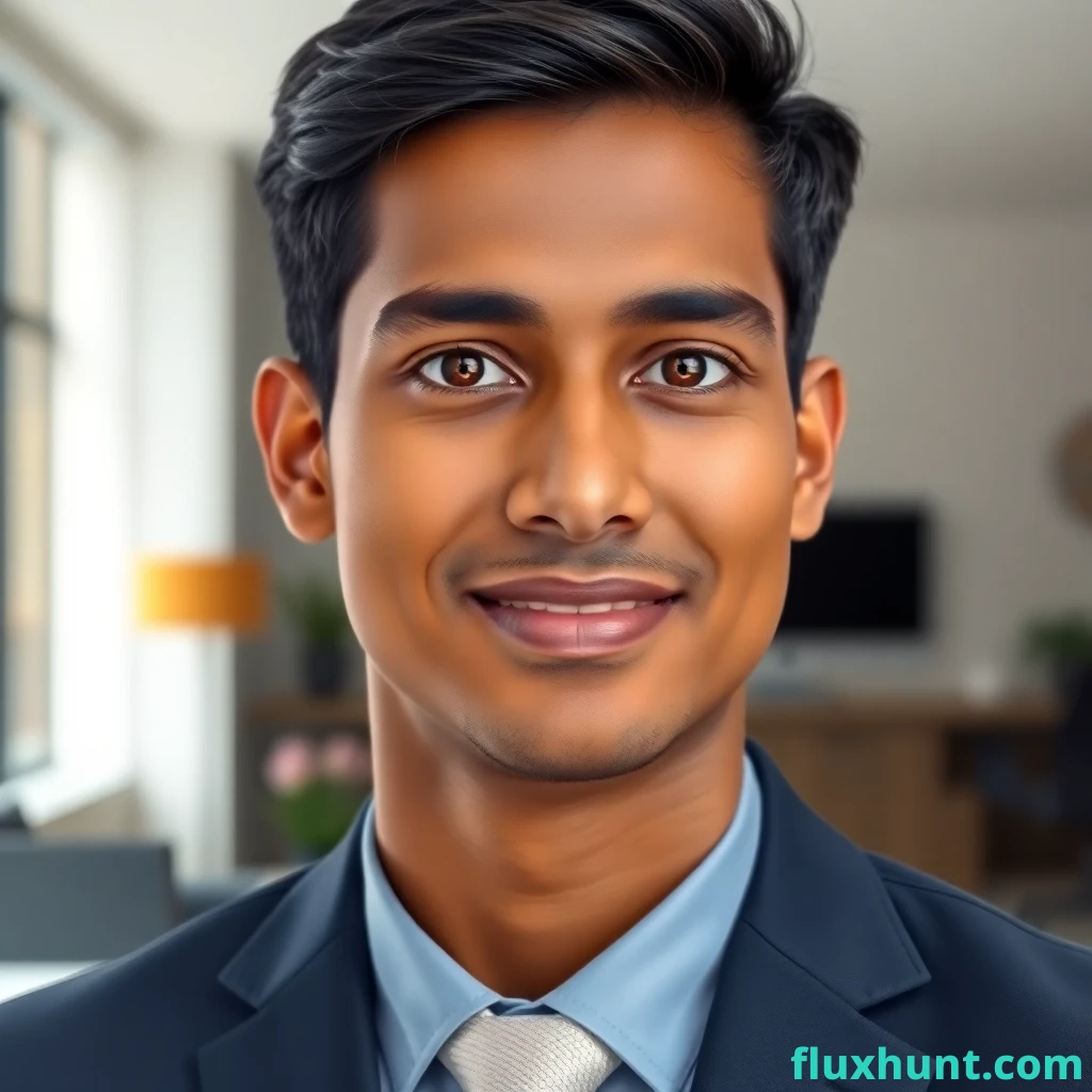 "A high-resolution, photorealistic portrait of a young Indian professional in their late 20s. The individual has short, neatly styled black hair, warm brown eyes, and a confident yet approachable expression. They are dressed in a tailored navy-blue suit with a crisp white shirt and a subtle, modern tie. The background features a softly blurred office environment with contemporary decor and natural