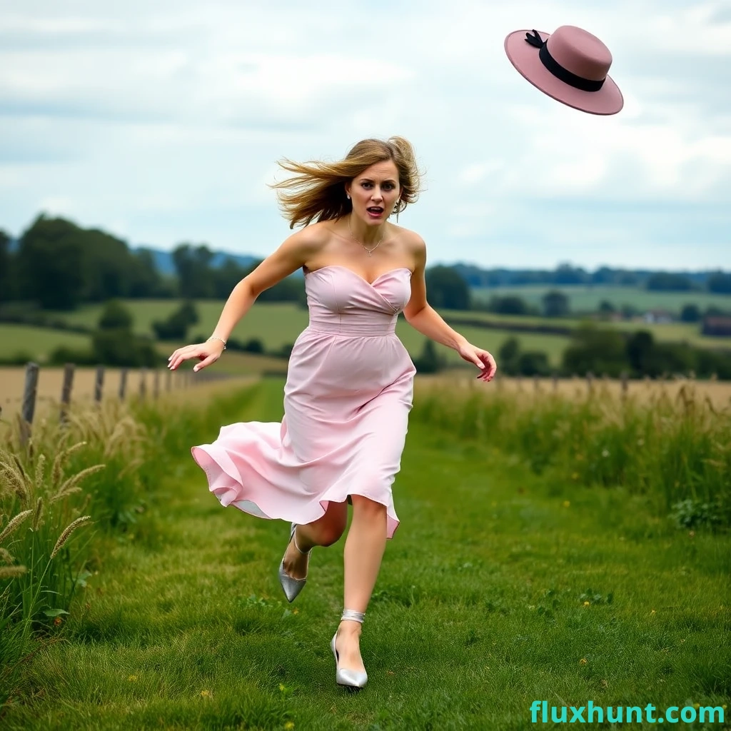 A female wedding guest is running terrified and anxious in the countryside wearing a pretty coloured dress and pump shoes. Her posh hat is dropping off her head in the air by the wind in the space behind her close to the ground.