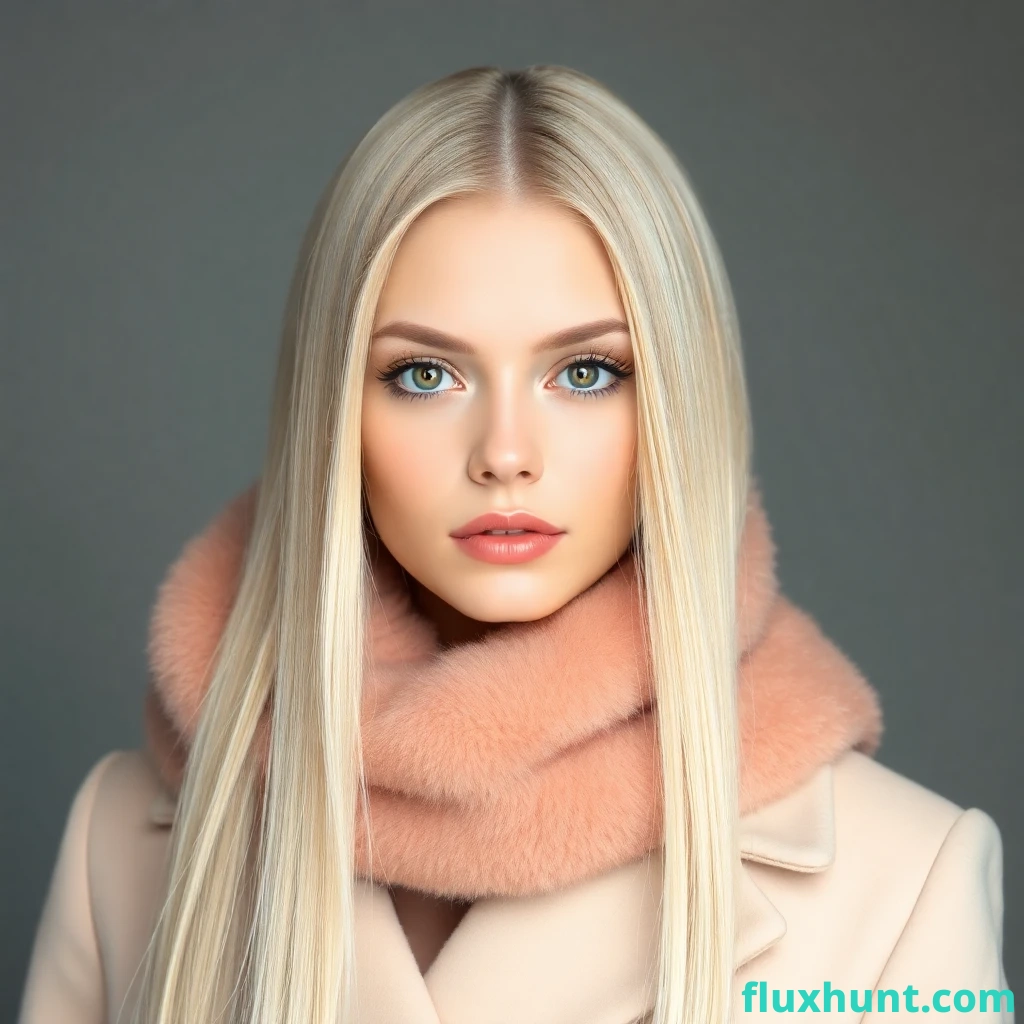 marvelous gorgeous scandinavianyoung model, very very pale skin, very very light blond hair, creamyg white, very very long hair straight, wearinga beautiful fur peach pink scarf, a beautiful cream elegant coat, detailed sophisticated makeuo, vivid lipstick glossy, a lot of mascara